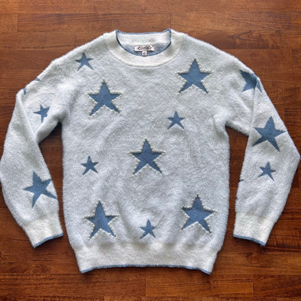 Nanette Medium Sweater Celestial Star Pattern with Pearl Accents - Soft Luxe Kn